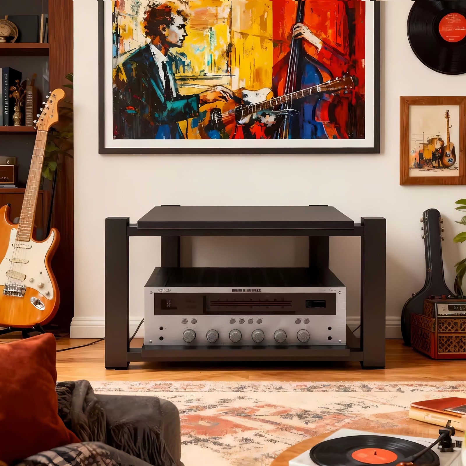 Heavy Duty Audio Rack Tower, Av Media Player Stand with Wooden Shelves, Black...