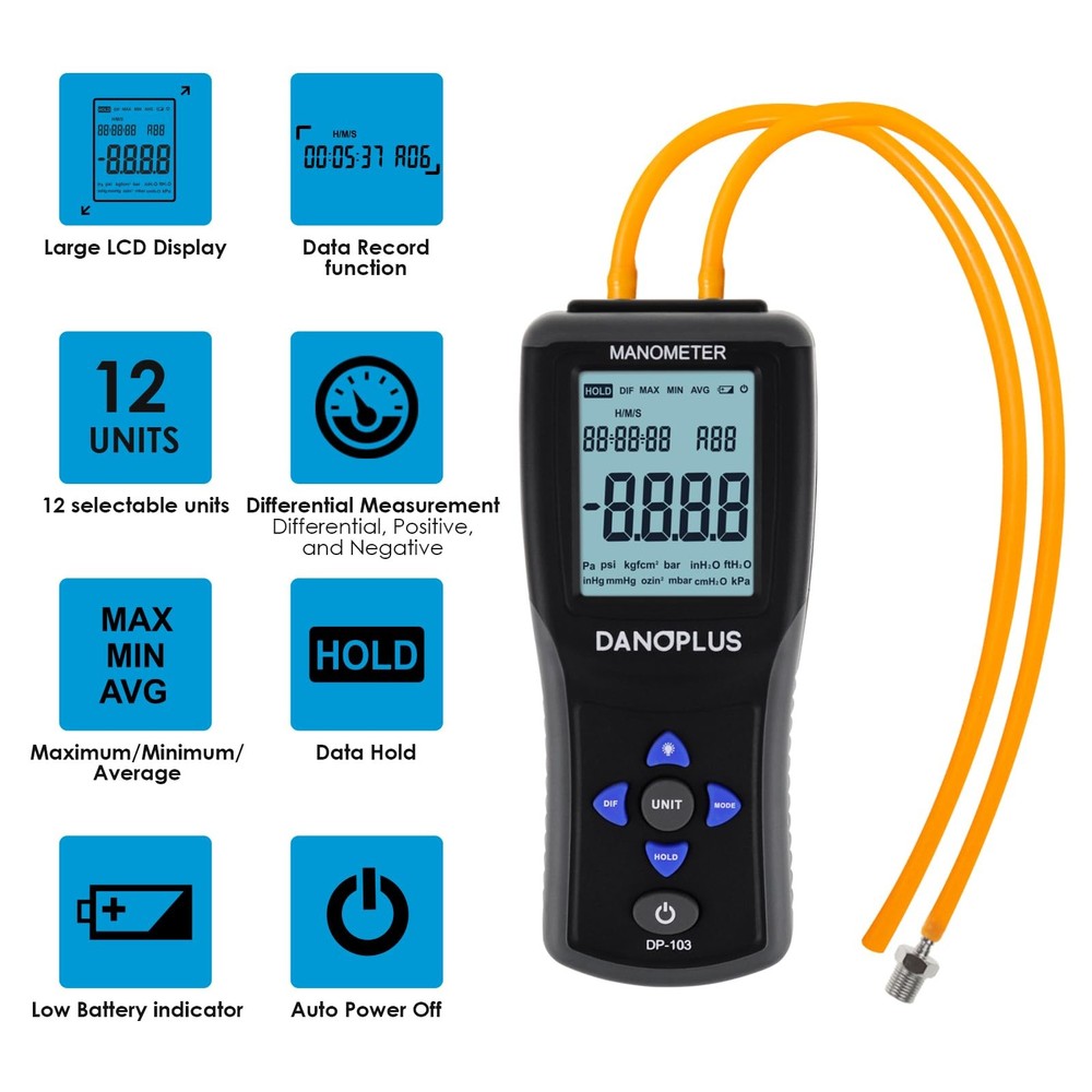 Manometer Digital Manometer Gas Pressure Tester Professional 12 Selectable Un...