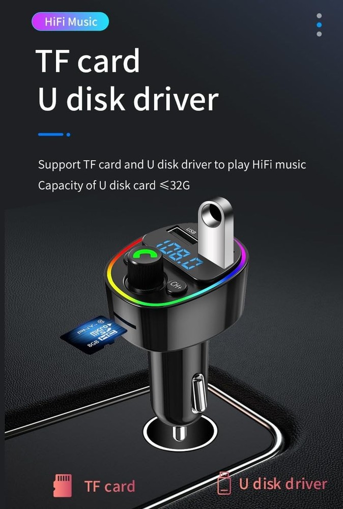 Bluetooth FM Transmitter HiFi Stereo Hands Free Type C USB A Charger Cars