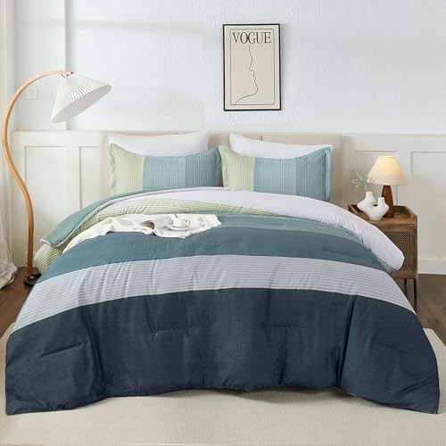 Comforter Set Size, Blue Striped Patchwork Comforter for Bed,3 King Dusty Blue