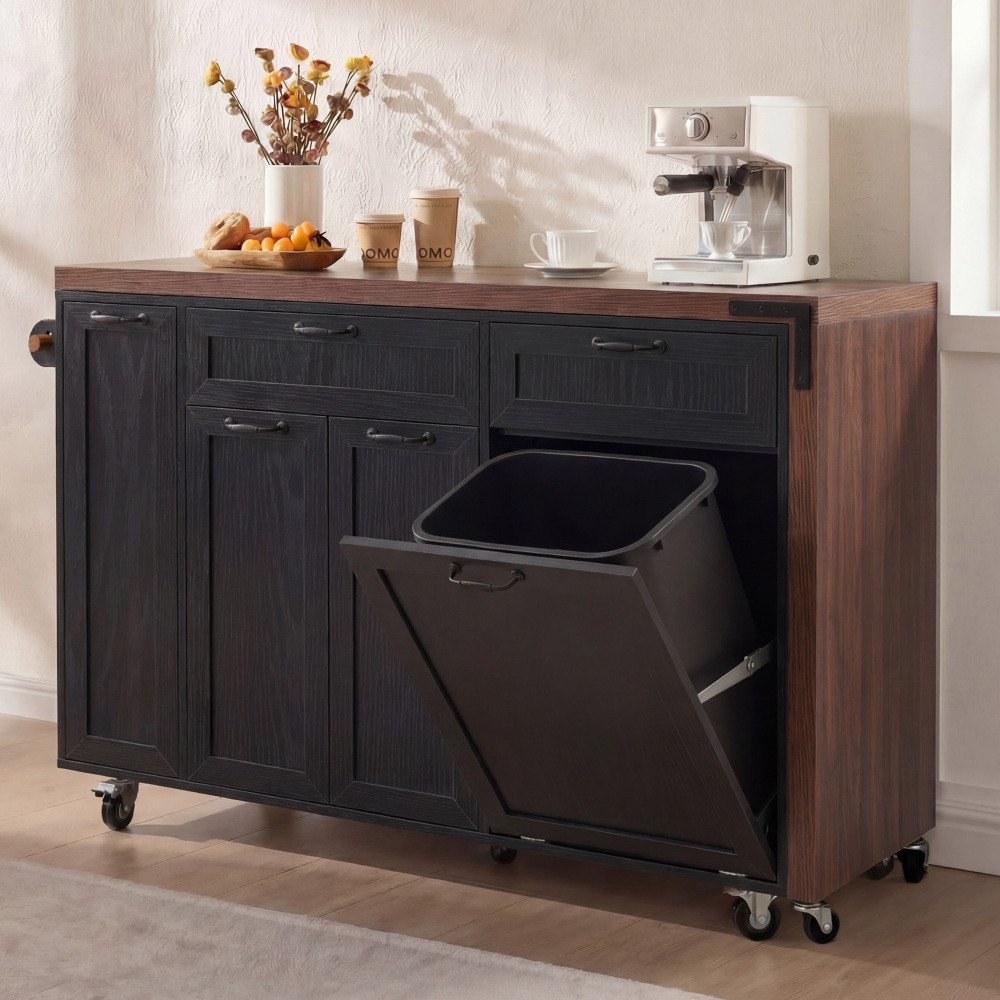 Rolling Kitchen Island with Extendable Dining Table Concealed Trash Storage