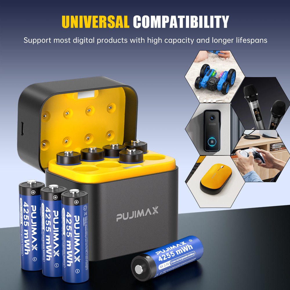 PUJIMAX 4255mWh AA 1.5V High Capacity Rechargeable Lithium Batteries + Charger