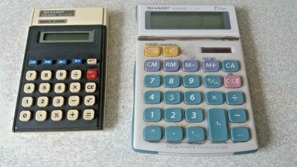 2 X VINTAGE / RETRO CALCULATORS - SHARP ELSIMATE 8146 & 330E
