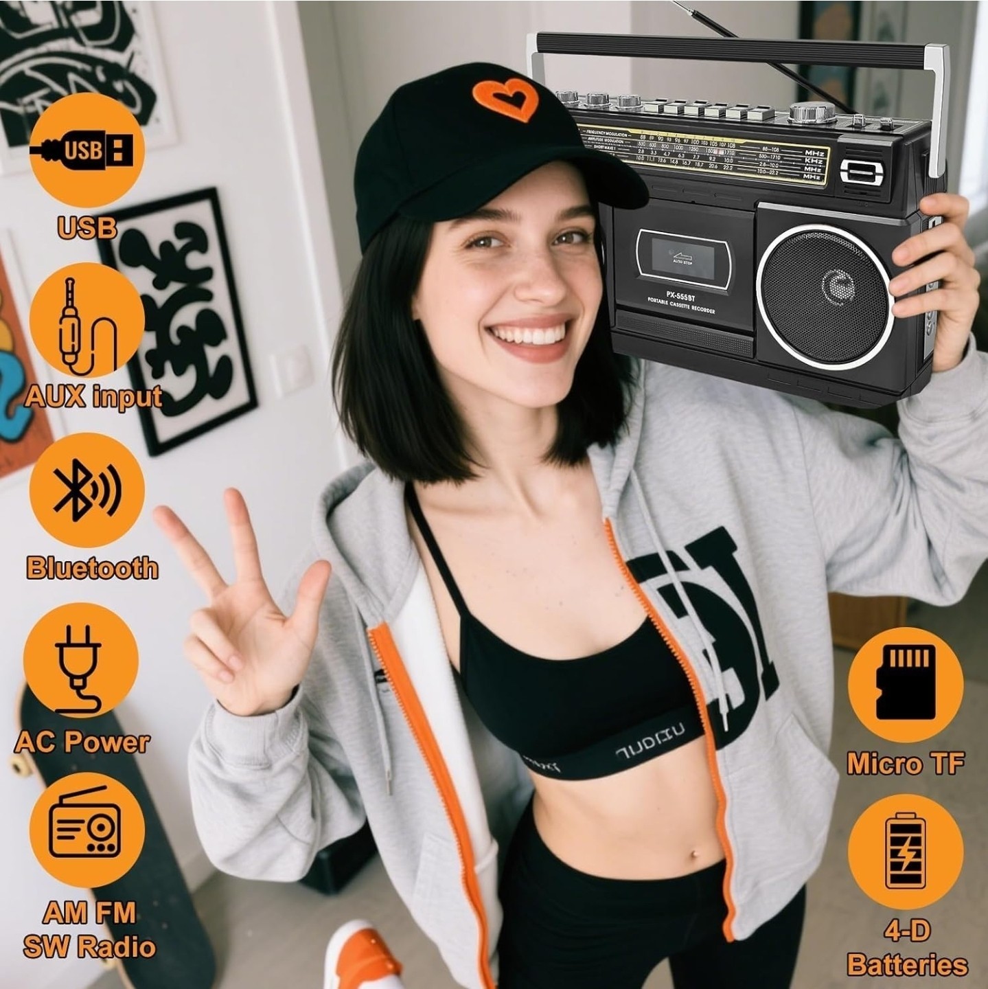 Cassette Player Boombox with Bluetooth, AM/FM/SW Radio & Record to USB, 24W Ster