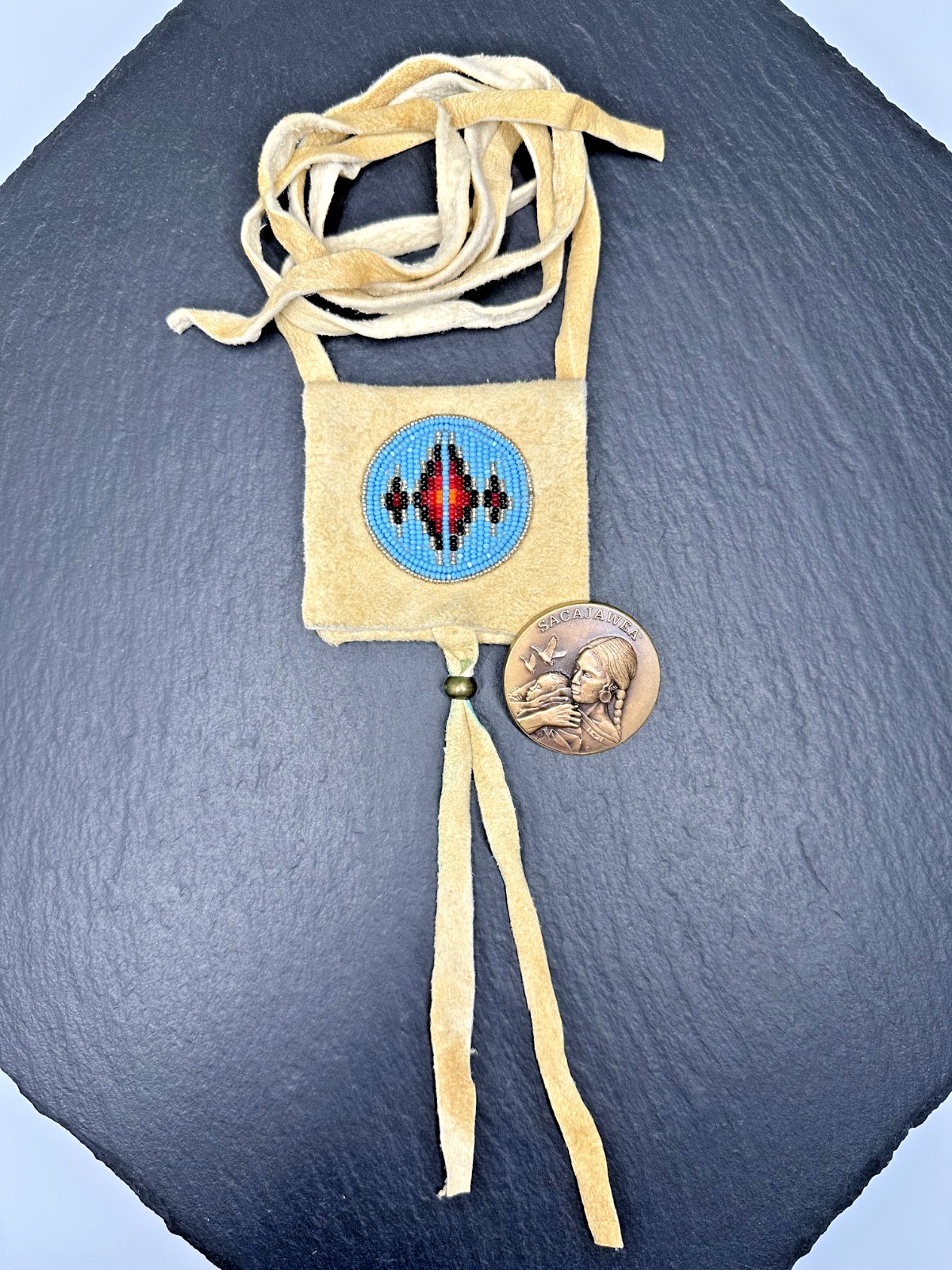 VERY RARE 2003 SACAJAWEA 1.5" MACO BRONZE PEACE MEDAL & MONTANA SUEDE POUCH M871