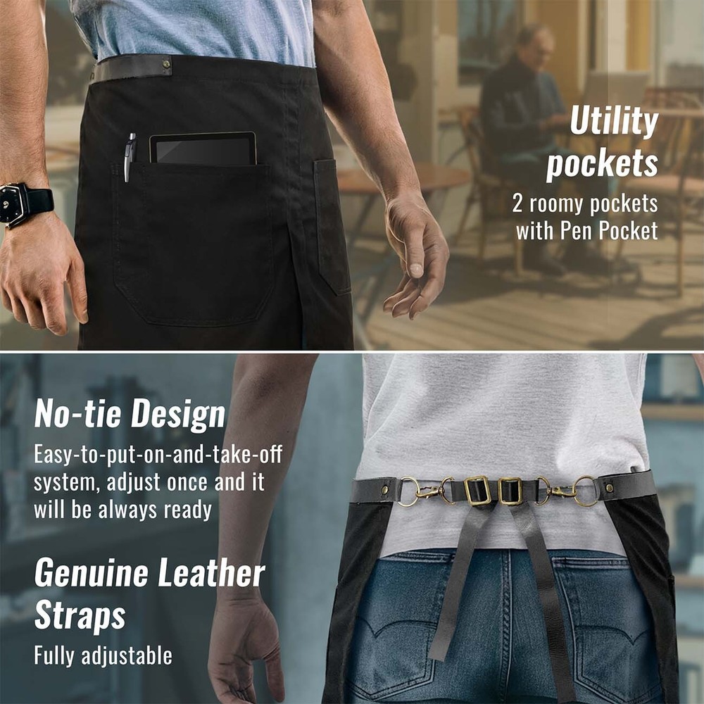 Half Apron - Genuine Leather Straps & Loops - Split-Leg - Restaurant, Waitstaff