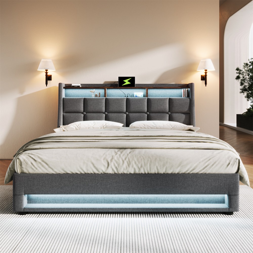 Full Size LED Bed Frame Upholstered Platform Bed with Hydraulic Storage System