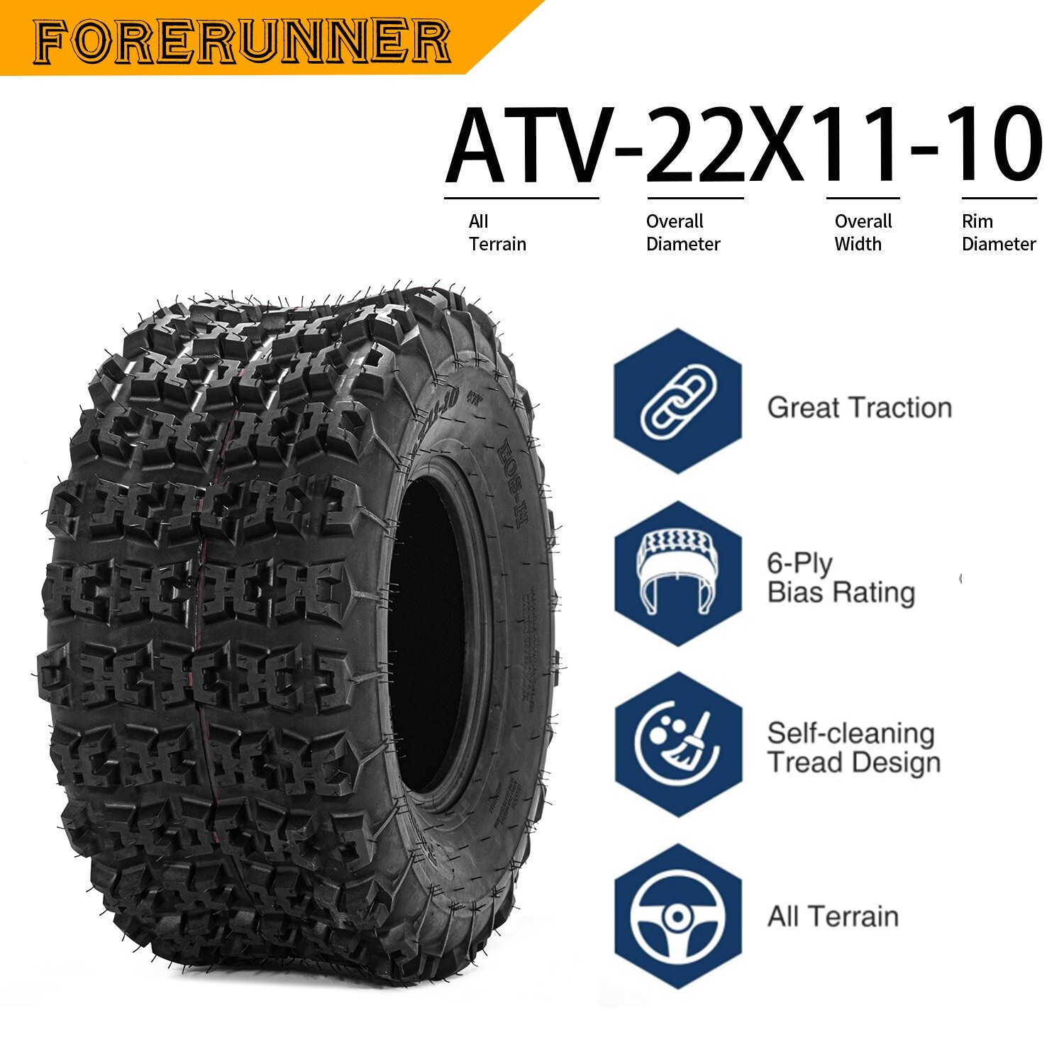 Set 2 Rear 22x11-10 ATV Tires 6PR 22x11x10 UTV All Terrain 22 11 10 Tubeless 22"
