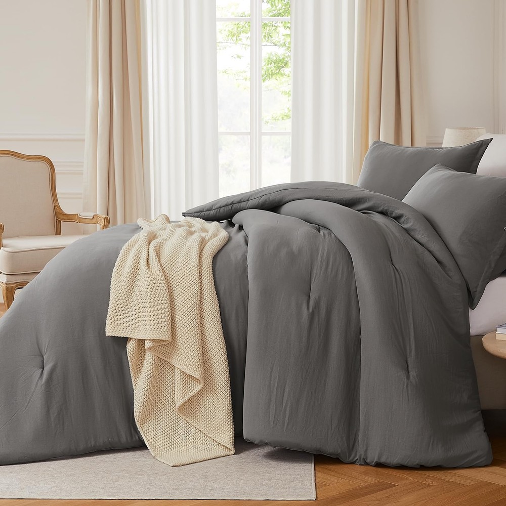 Queen Size Comforter Set, 3Pcs Breathable Bedding, Grey