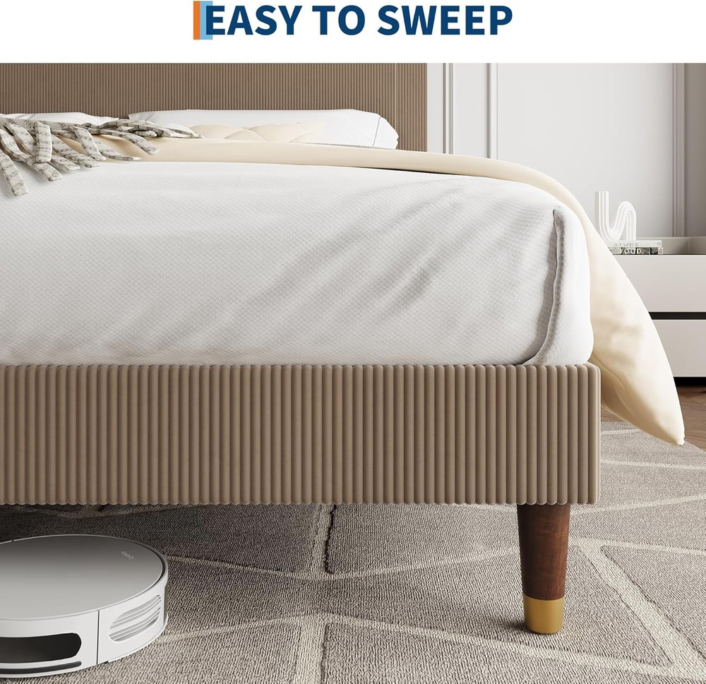 Queen Size Upholstered Bed Frame,Brown Platform Bed with Modern Fabric Headboard