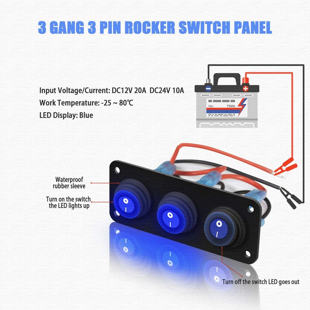 3 Gang Rocker Switch Panel with LED Indicator 12V