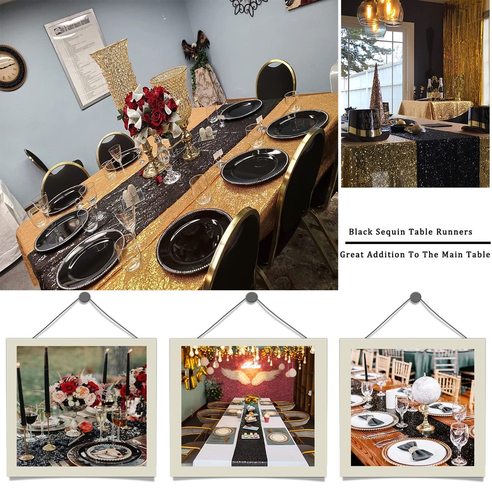 TCBESTO Black Sequin Table Runner 12" x 72" 6 Pack Glitter Metallic Table Runner