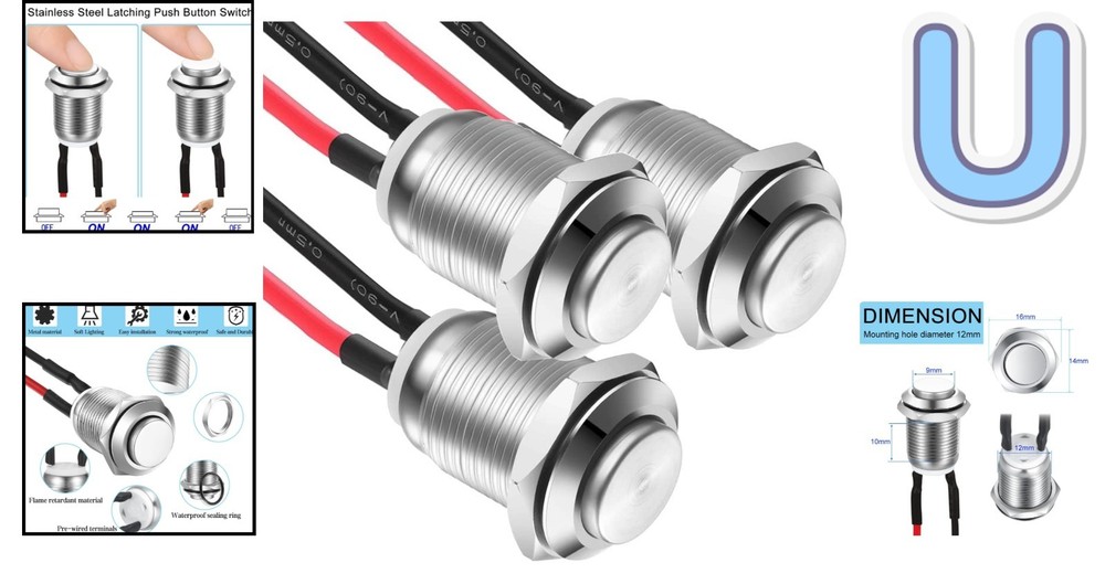 3 Pcs Latching Waterproof Push Button Switch, 12mm & Self-Locking Switches