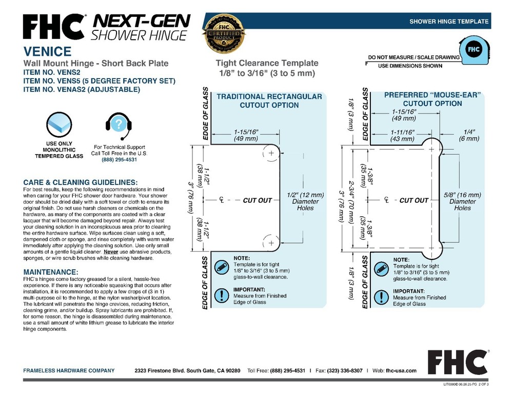 FHC Venice Adjustable Square Wall Mount Hinge Brass Matte Black Finish