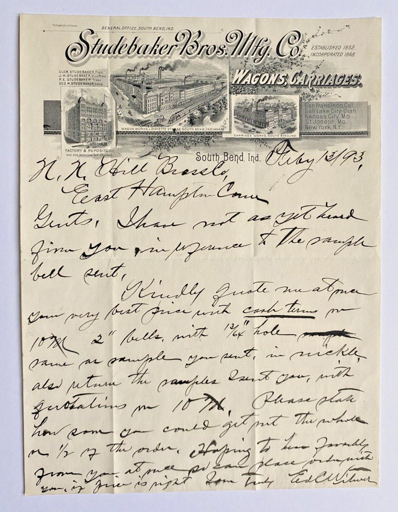Studebaker 1893 Letterhead Auto Transportation Illustrated South Bend