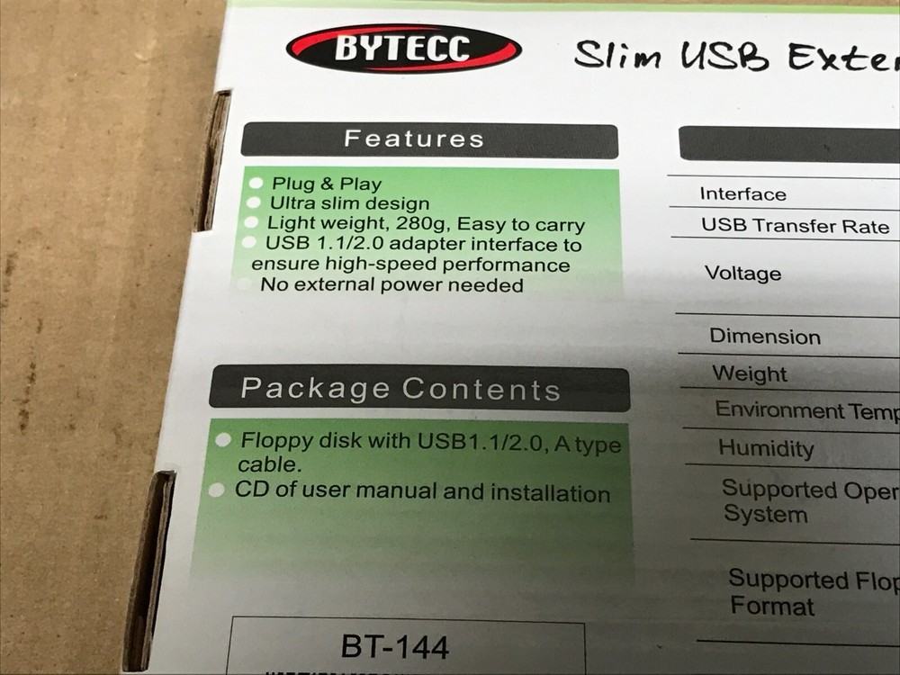 BYTECC BT-144 Slim USB 12Mbps Wired Portable External Floppy Disk Drive - New