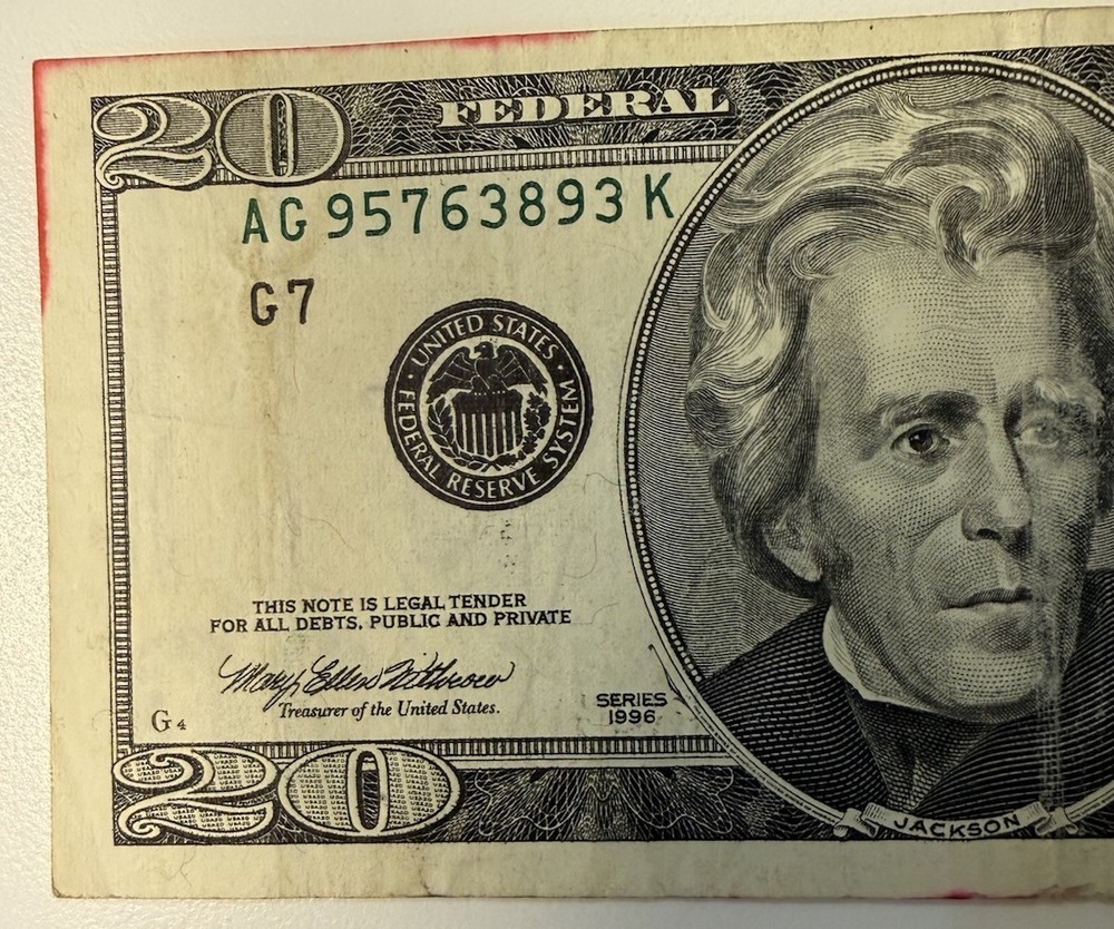 1996 $20 Error . Circulated Note . Offset Printing ,Seal And Serial Number.