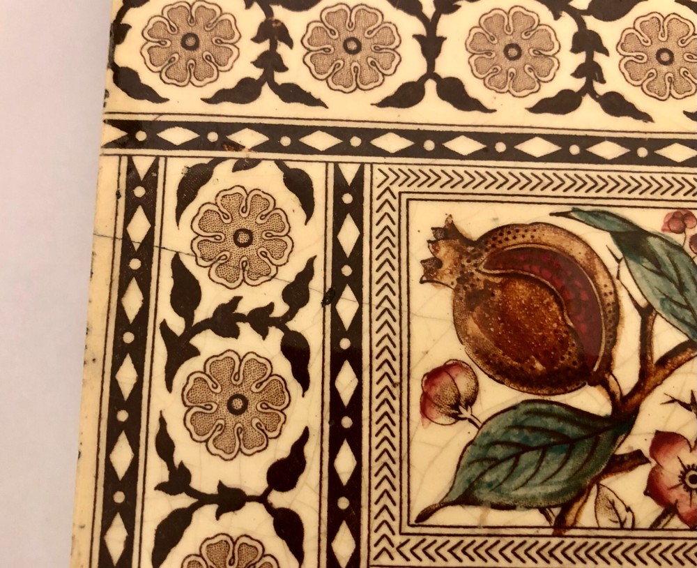 Antique English Brown Transferware Tile ~ Pomegranate Pattern Circa. 1885