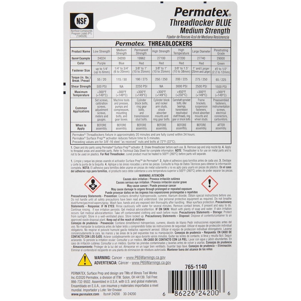 Permatex 24200 Blue Threadlocker Medium Strength Removable 6ml