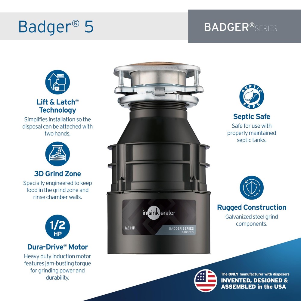 InSinkErator BADGER5 Badger 5 Garbage Disposal, 1/2 HP