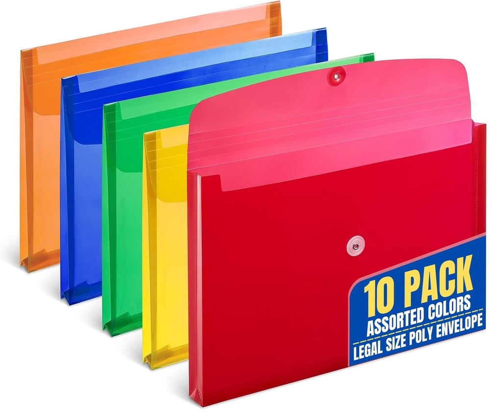 1InTheOffice Poly Envelopes Button & String Closure, Expanding Wallet, Legal ...