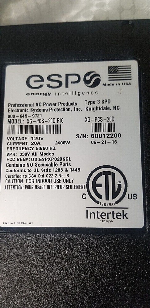 ESP Intertek Power Surge Line Protector Model XG-PCS-20D