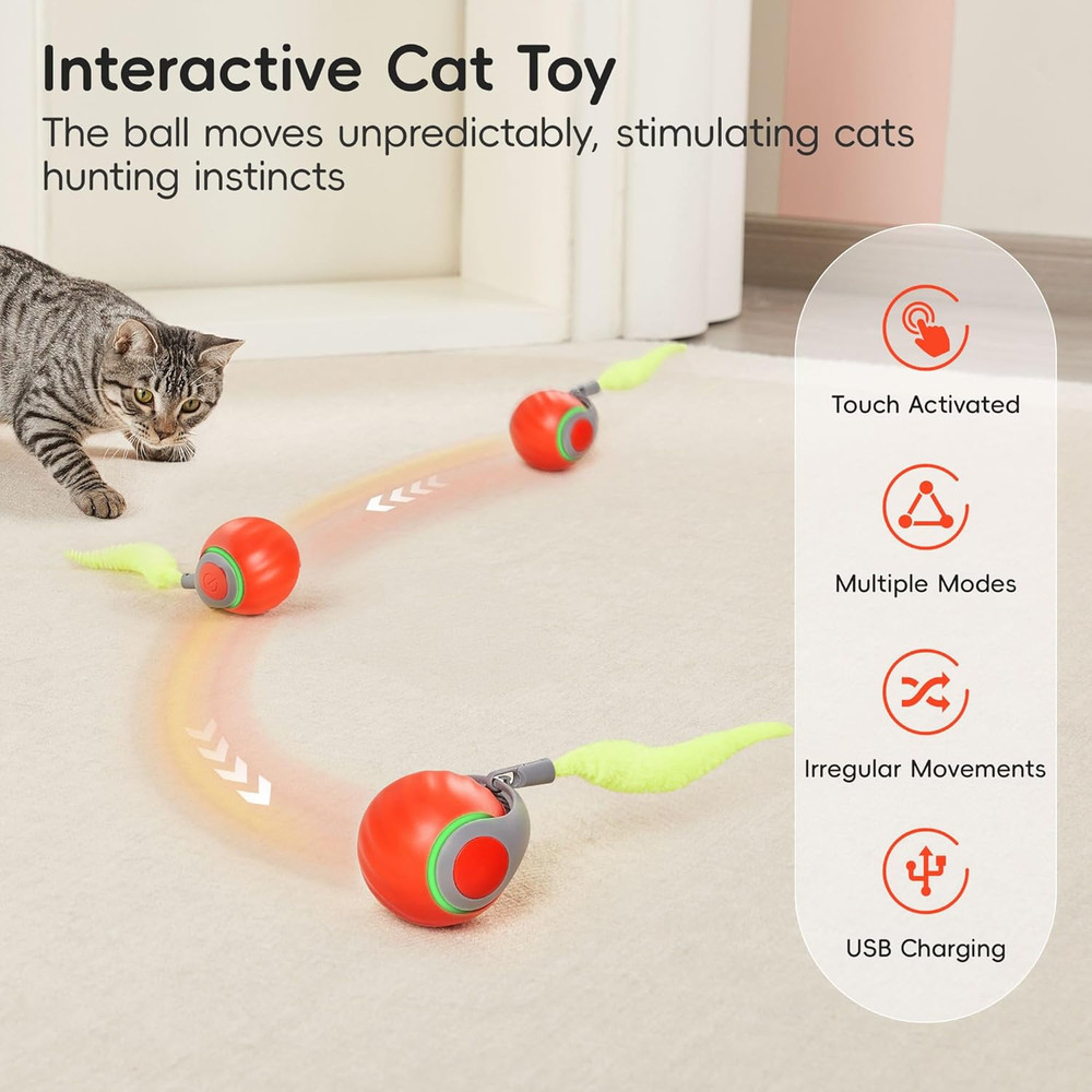 Orange Interactive Cat Toy Moving Rolling Ball Feather Tail Rechargeable Kitten