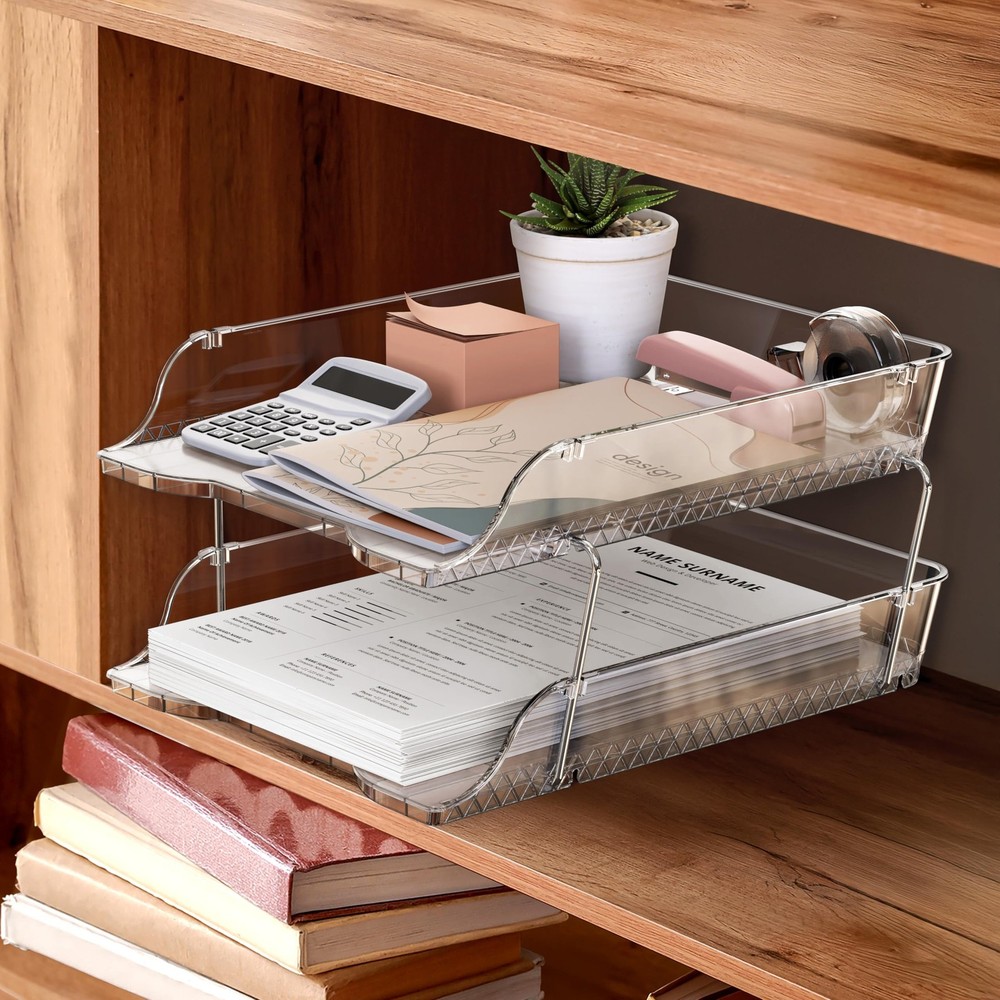 2-Tier Clear Stackable Letter Tray Organizer – Desktop File Holder for A4/Let...