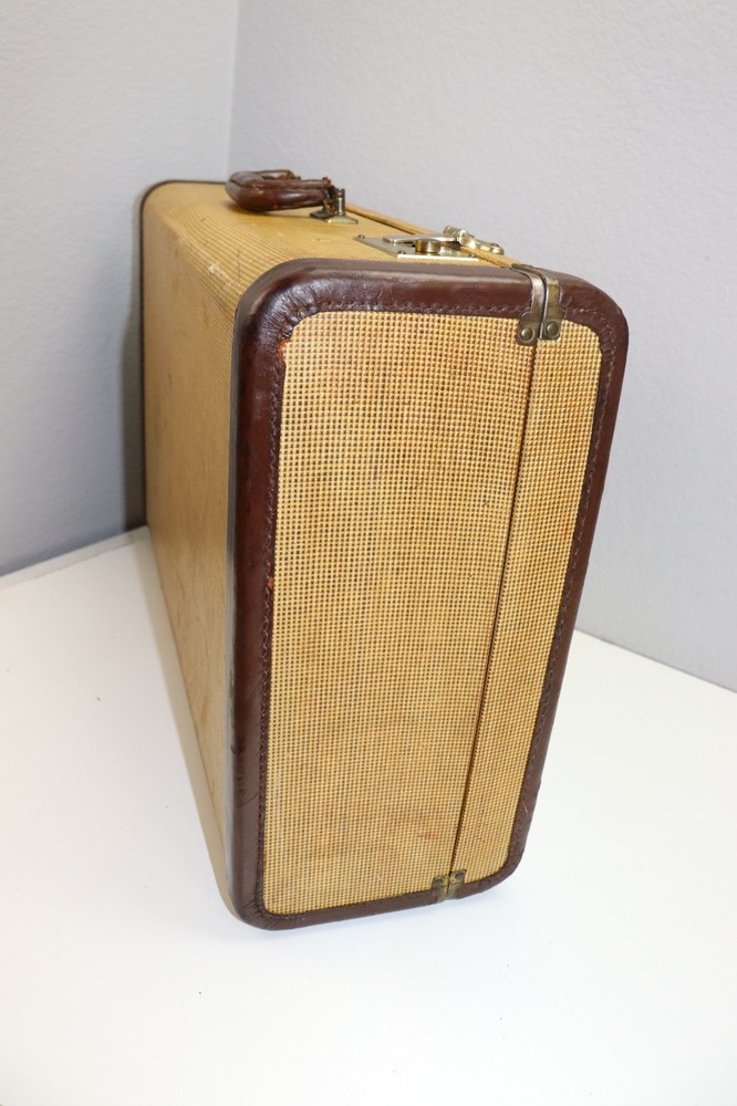WWII US Vintage Tan suitcase with leather trim 21"x13 1/2" x 6 1/2"