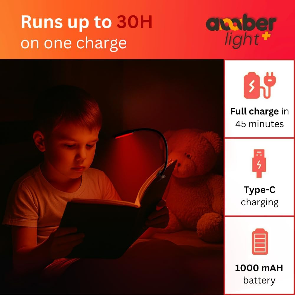 Amber Reading Light - Red & Blue Light Blocking Book Light for Bedtime Reading