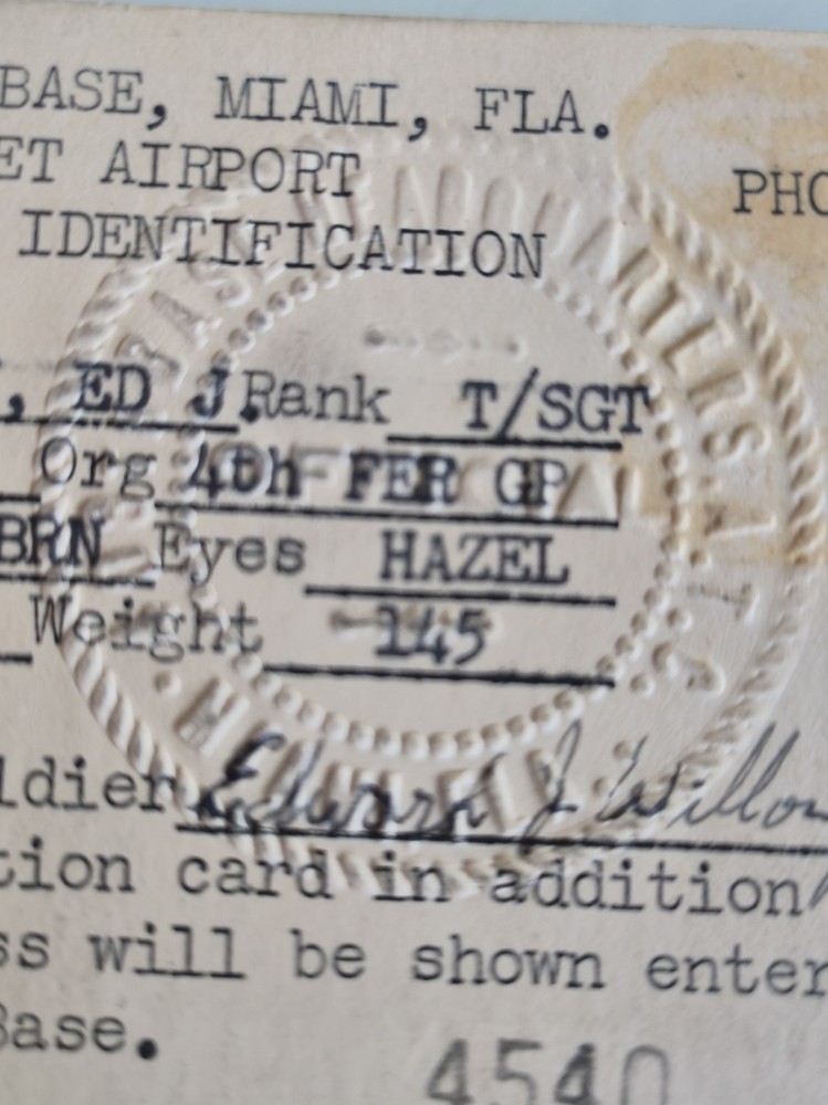  U.S. Army Air Base Class "A" Pass for Technical Sergeant Edward J. Willoughby