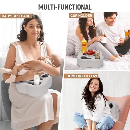 Couch Cup Holder Pillow, Sofa Organizer Caddy Bed Refreshment Tray for PUGrey