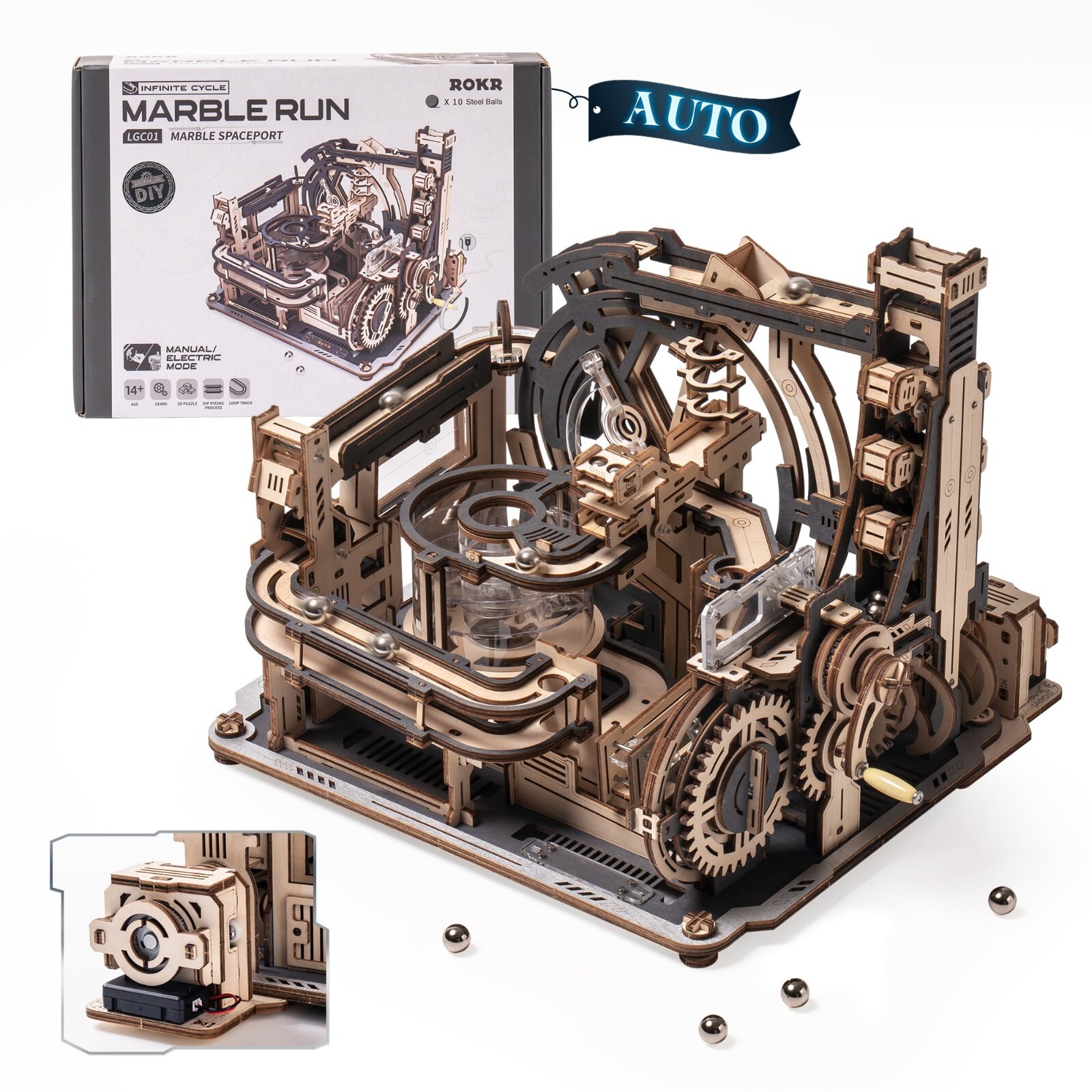 ROKR 3D Puzzle Wood Spaceport Marble Night City with Linkage Model Gift Adults