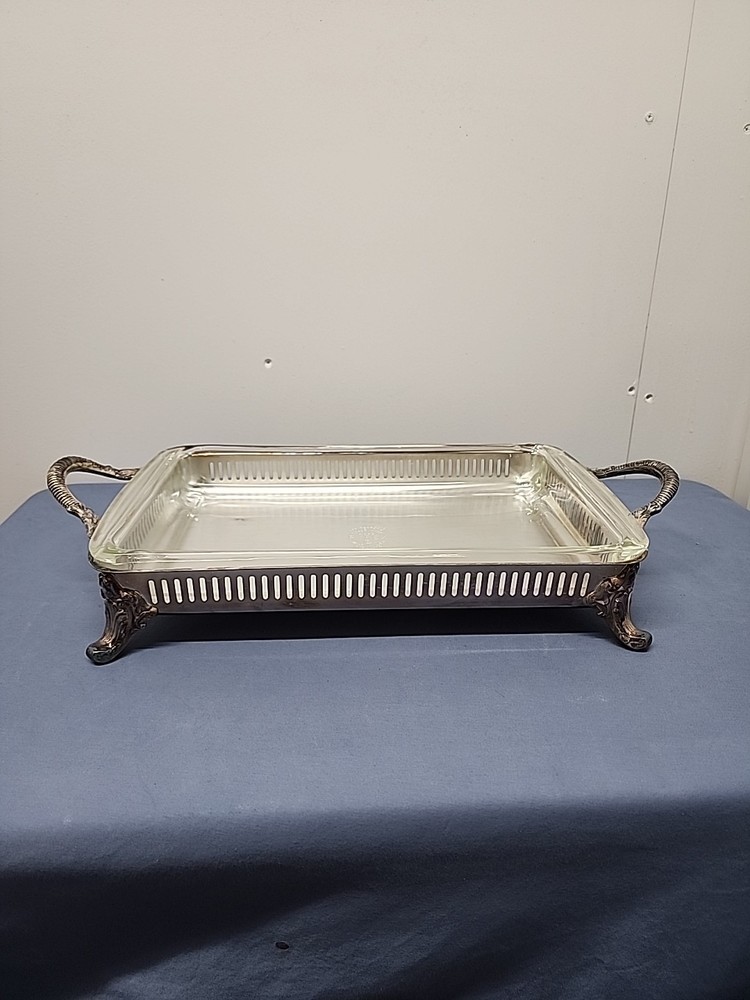 EPCA Bristol Poole Silverplate Footed Serving Dish Tray #B114 W/Vintage Pyrex
