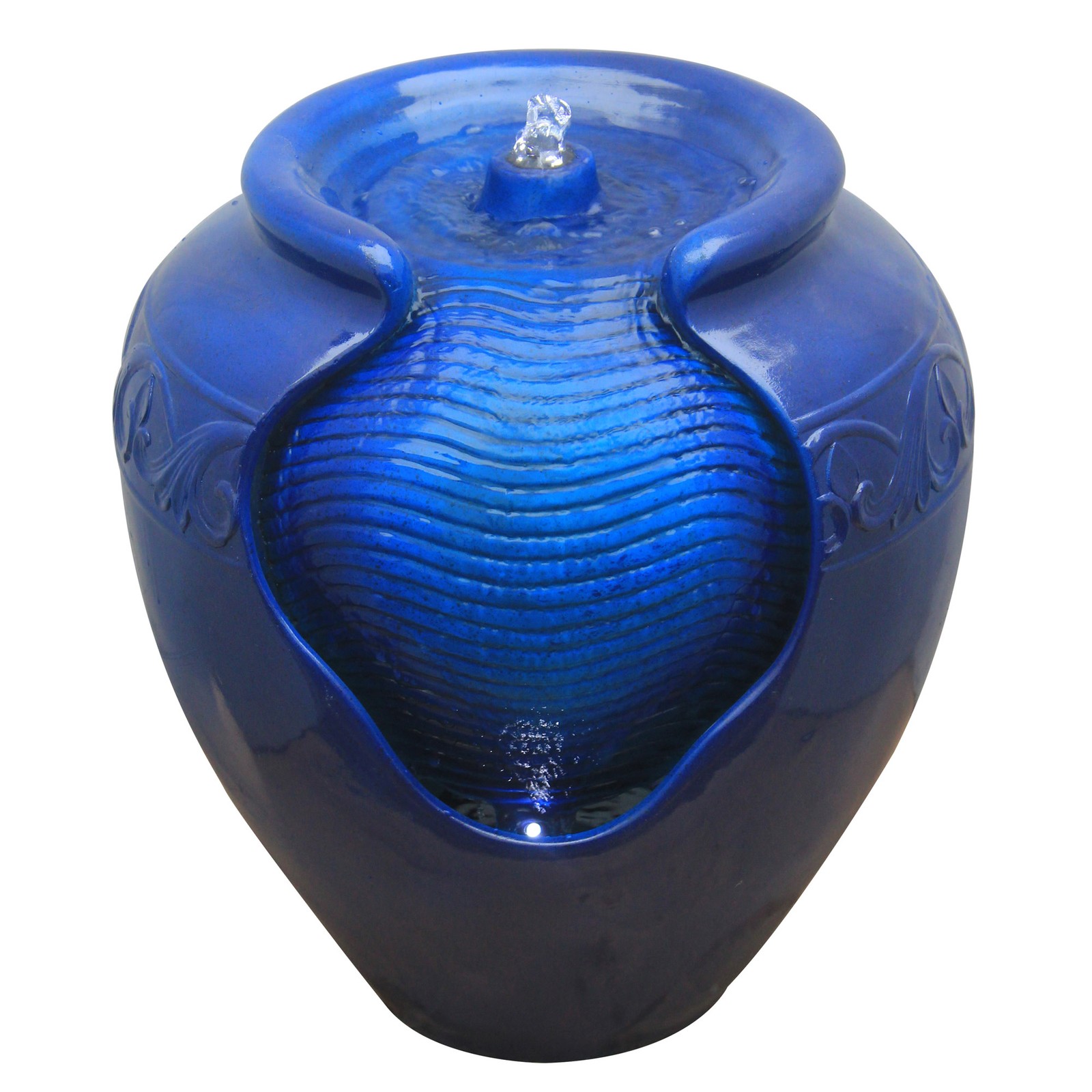 Teamson Home Outdoor Glazed Pot Floor Fountain with LED Lights for Garden, Blue