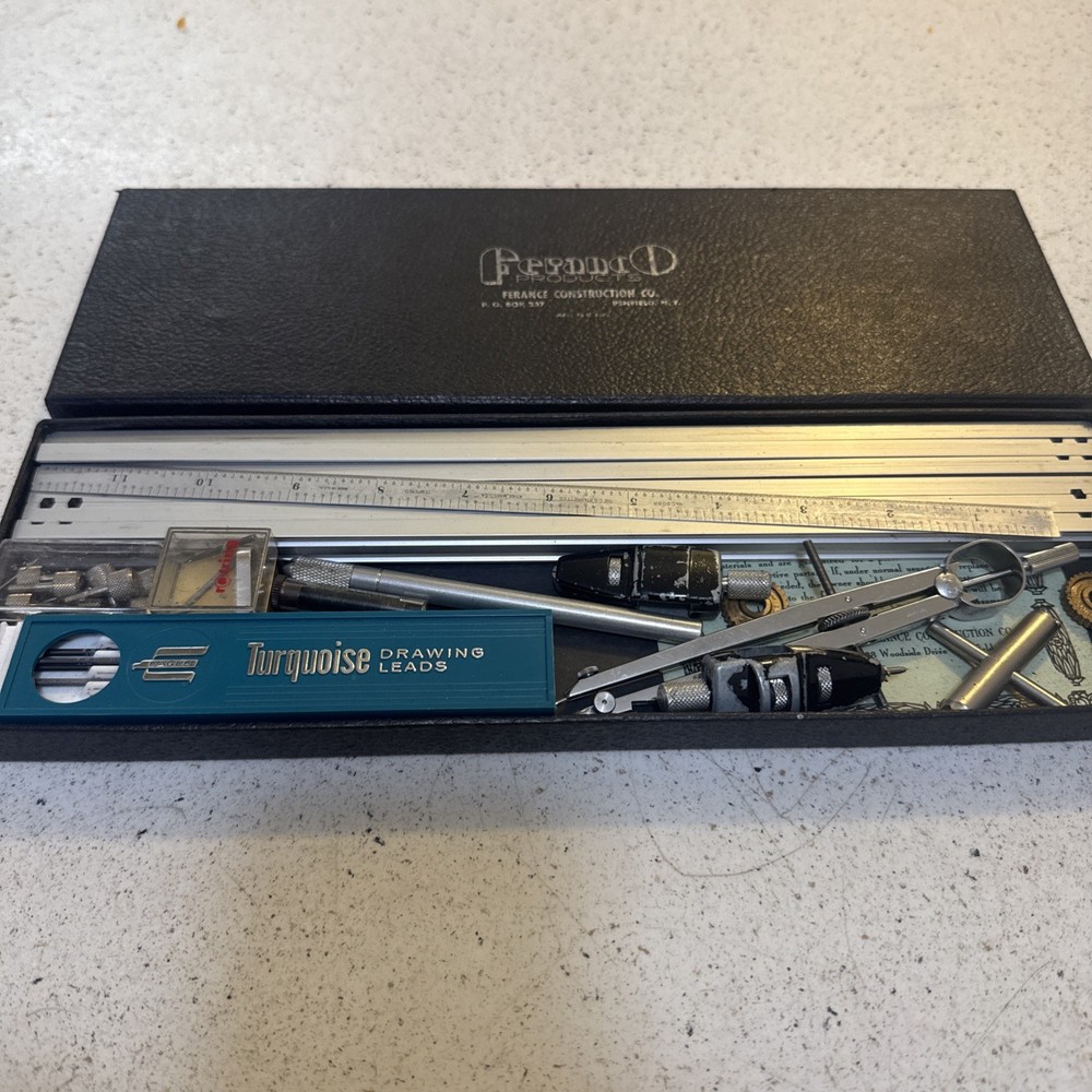 1950's Ferance Construction Co Penfield NY Drafting Tool Instruments Box Extras