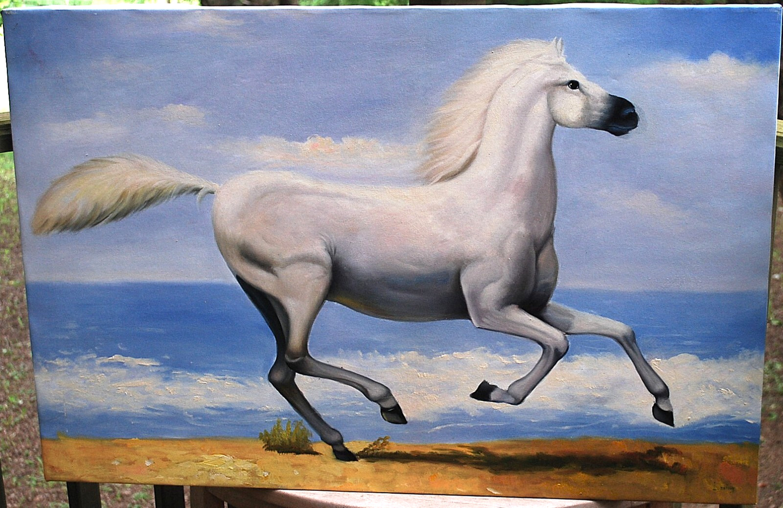 HORSE RUNNING ALONG OCEAN Original Art ACRYLIC PAINTING/CANVAS Signed 36" x 24"