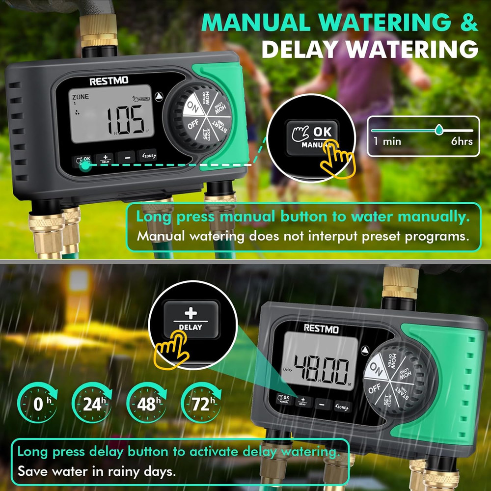 4-Zone Programmable Sprinkler Timer with Brass Inlet for Garden Hose