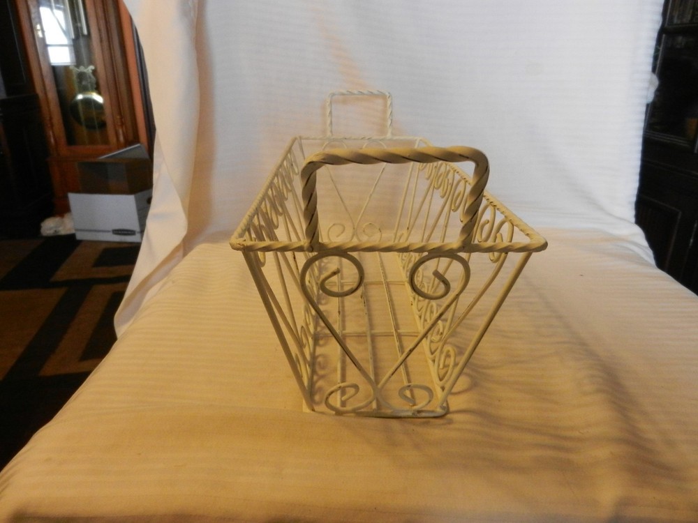 Decorative White Metal Rectangular Basket With Handles, Wire Design