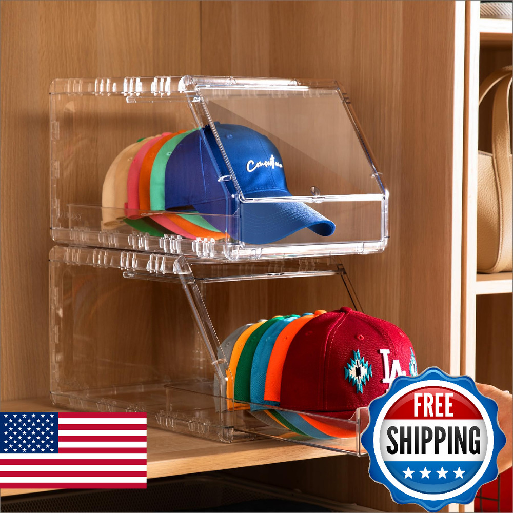Ozueccr 2 Pack Hat Organizer for Baseball Caps – Stackable Clear Display Box wit
