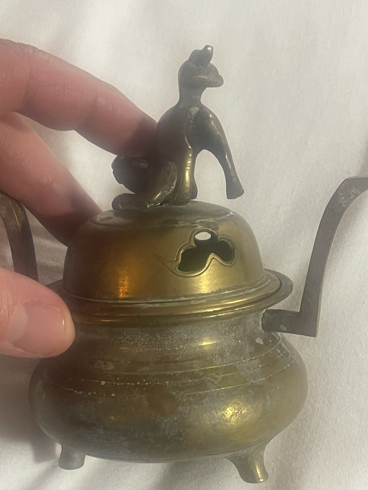 Antique Solid Brass Chinese Foo Dog Sensor Incense Burner Guardian Lion