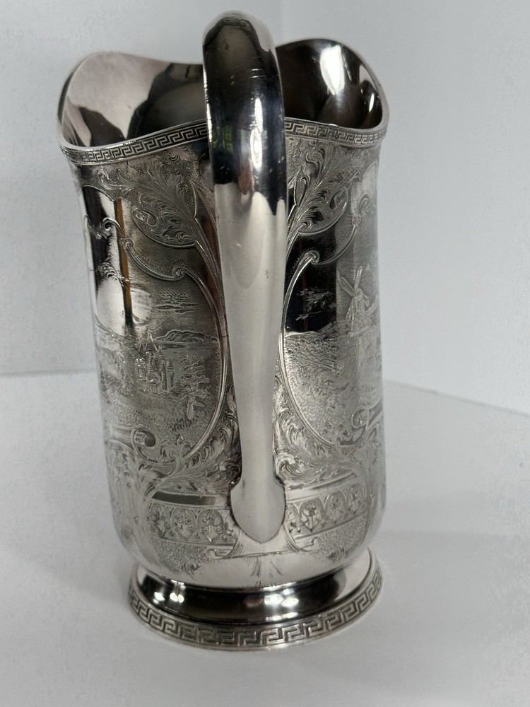 Antique Hartford Sterling Co. PITCHER Silver Plate Etched Scenes