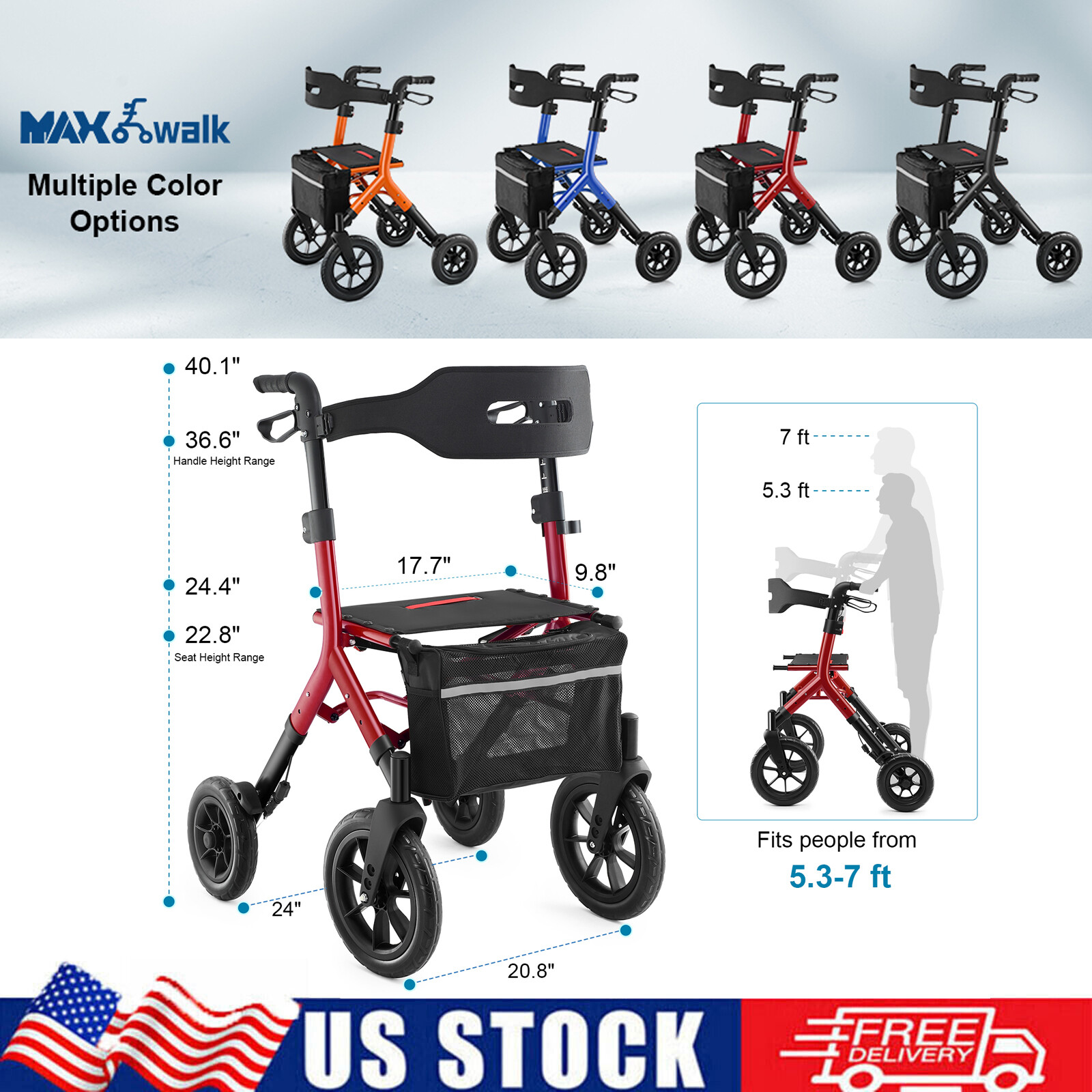 All-Terrain Rollator Walker with 12inch Rubber Wheels, Seat & Backrest, Foldable