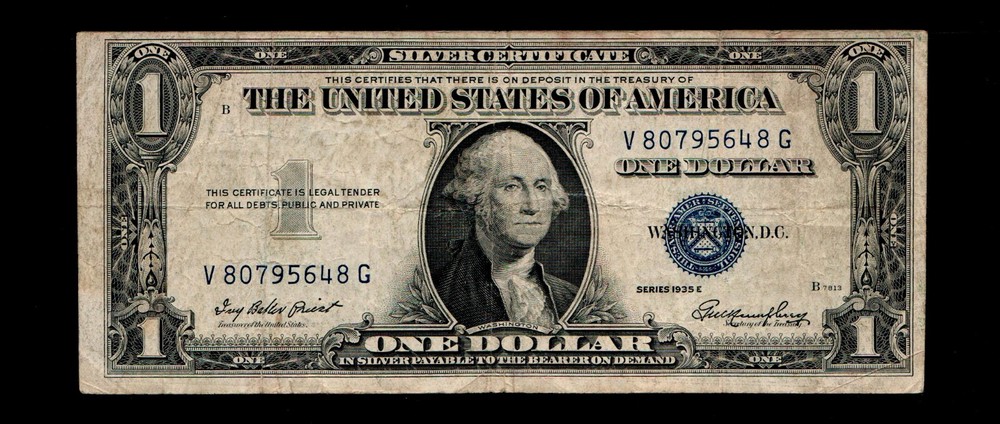 1935-E $1Silver Certificate Back Miss Alignment Cutting Error