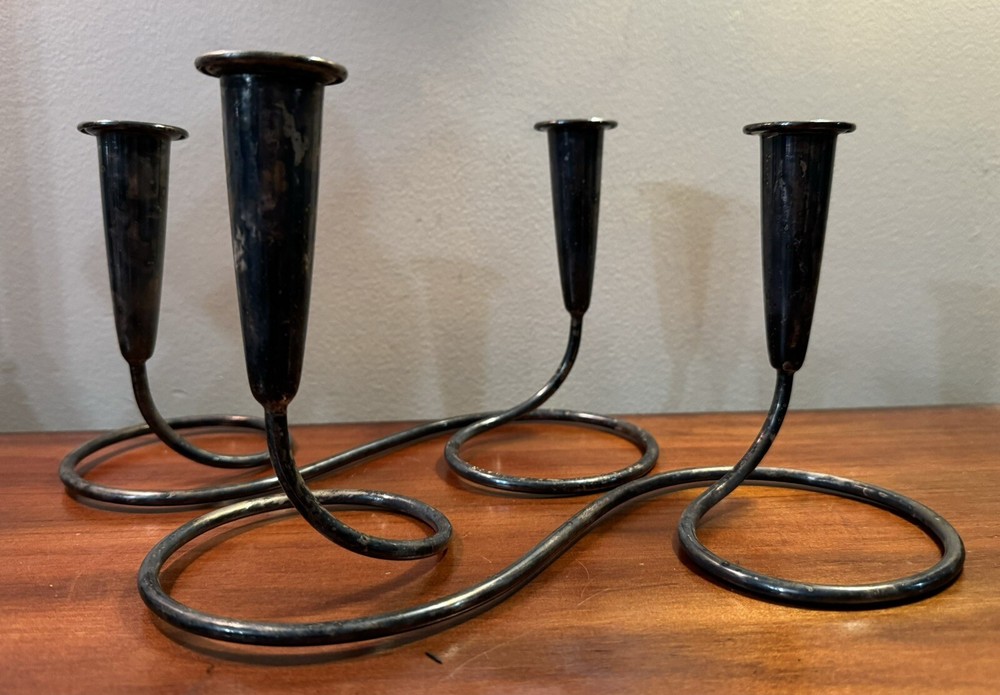 Gunter Kupetz WMF Germany Silver plate Candle Holders Sticks pair set 1950’s MCM