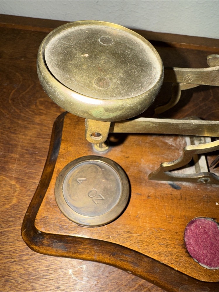 Antique Brass Wood Desktop Postage Scale With 2 Weights