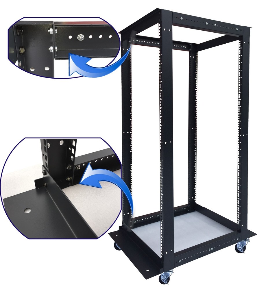 22U 4 Post Open Frame 19" Network Server Rack on Caters Adjustable Depth 24"-37"