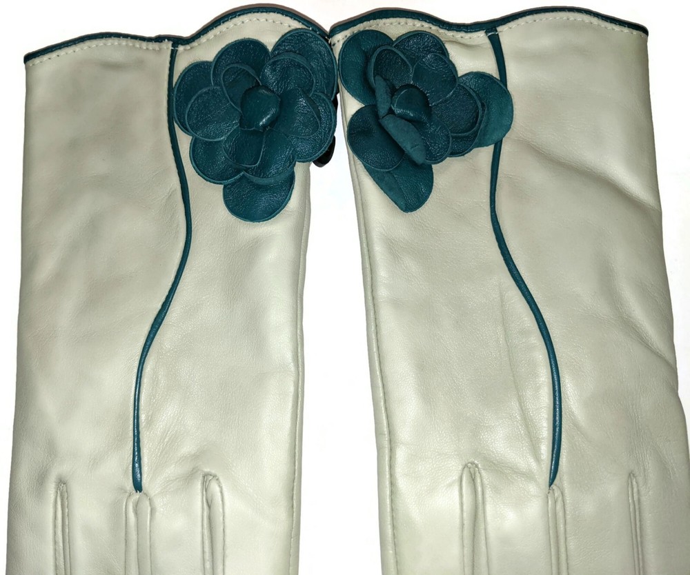 Women's Leather Floral Design Gloves, Apple, Size- Medium