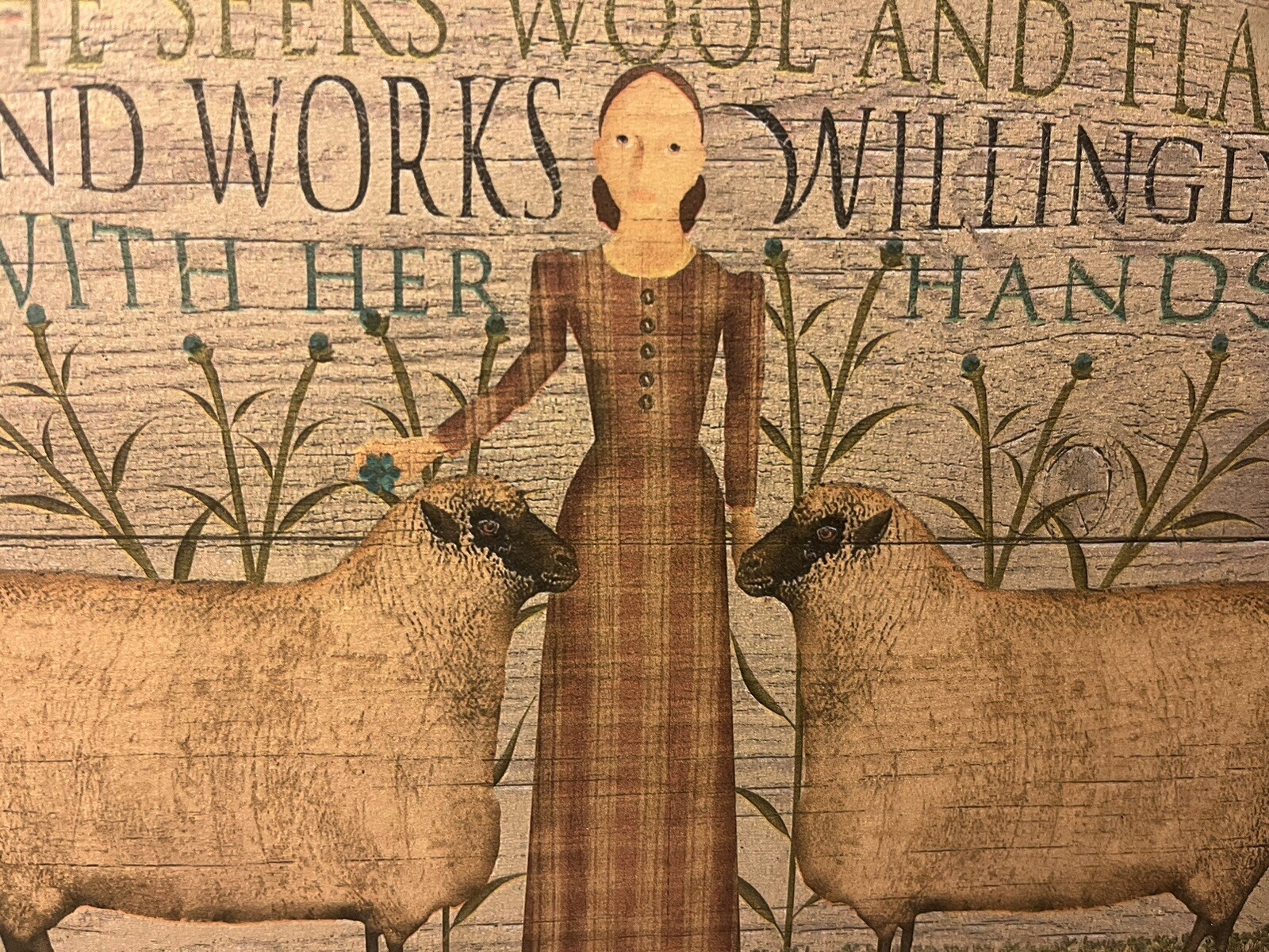 PRIMITIVE Folk Art, Sheep Woman, Wool & Flax, Artist Canvas Board Sign