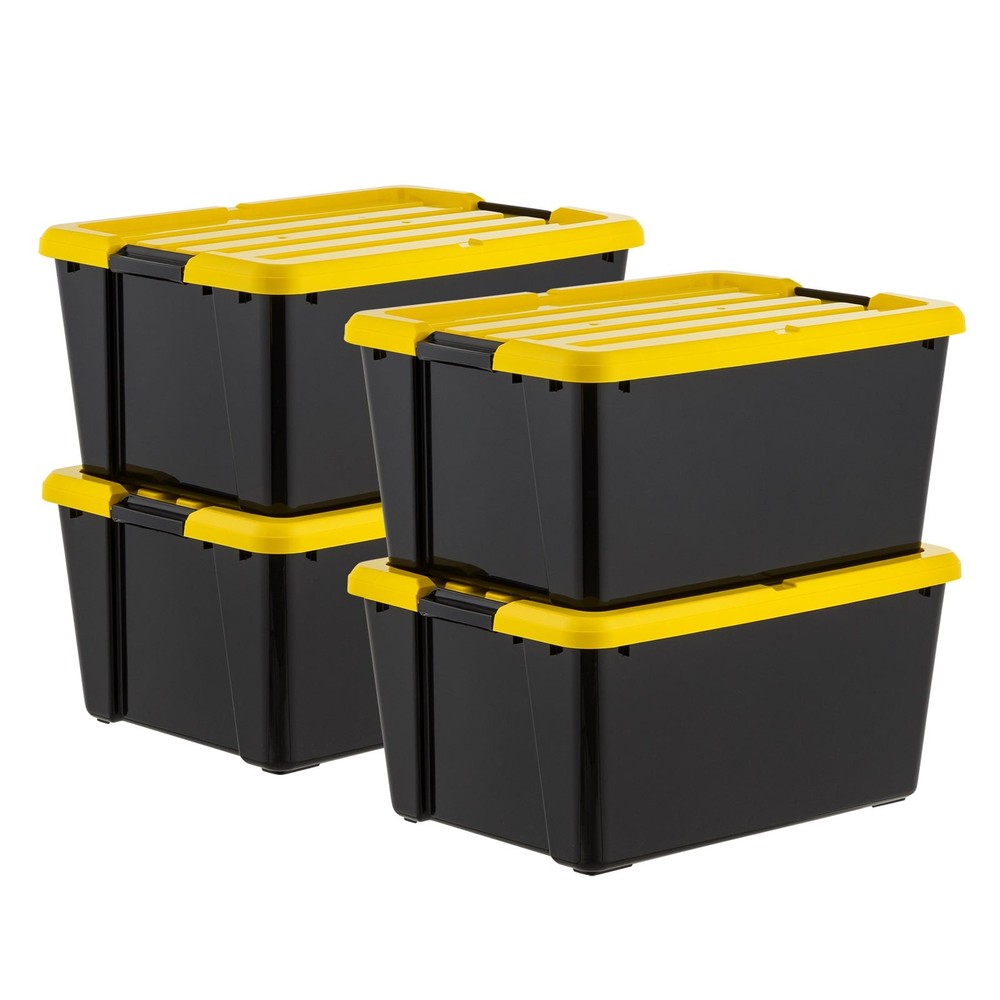 45 Qt Black Plastic Stackable Storage Bin with Lid Tote, 4-Pack